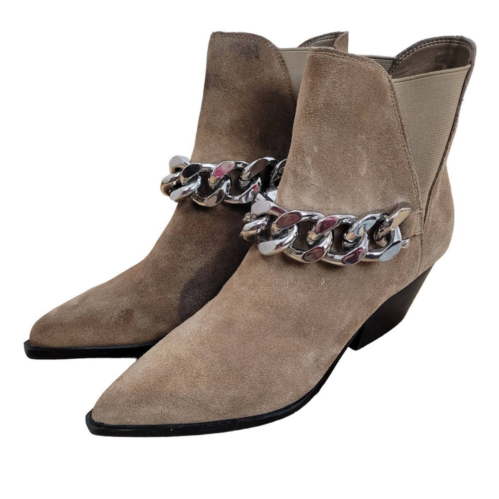Marc Fisher Ltd Henly Bootie in Cognac Tan Suede Silver Chain Pointed Toe AS IS